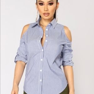 Fashionnova cold shoulder button up striped top